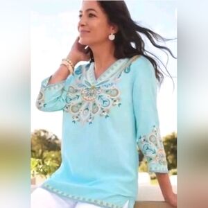 Soft Surroundings River Island Embroidered Aqua Boho Tunic Top Size L Vacation